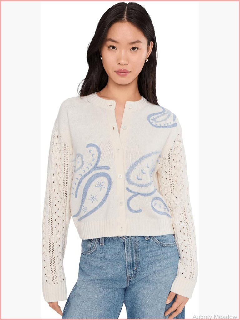 Cropped Jacquard Cardigan Flattering Details Classic Fit Cotton Blend